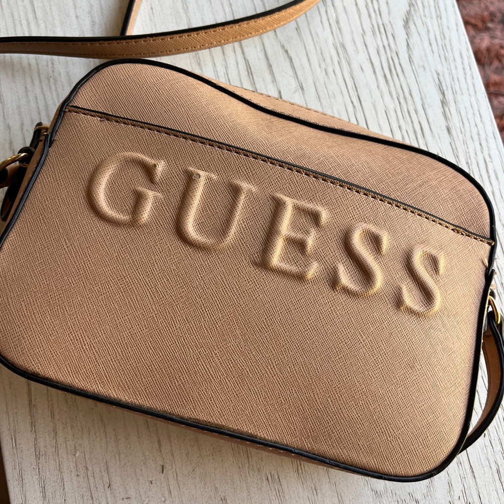 Guess Tan Crossbody Bag with Embossed Logo